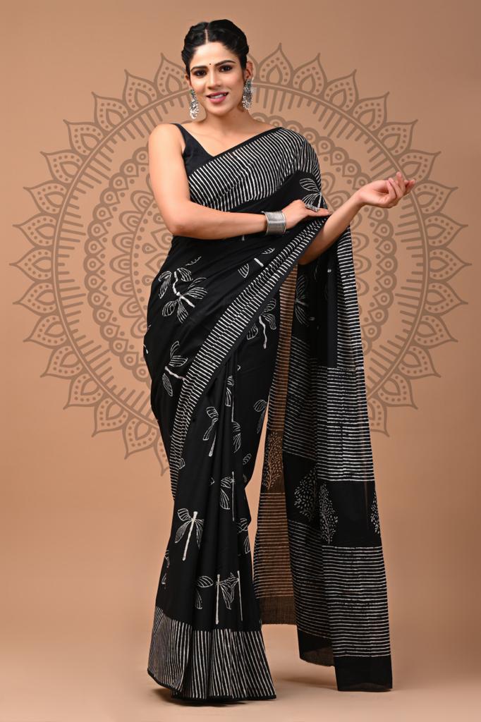 Mulmul Cotton Saree | Black Dragonfly