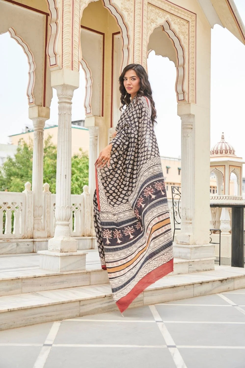 Black mulmul cotton saree with elegant handcrafted motifs.