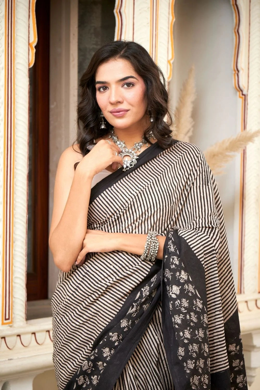 Black and white hand block printed mulmul cotton saree.