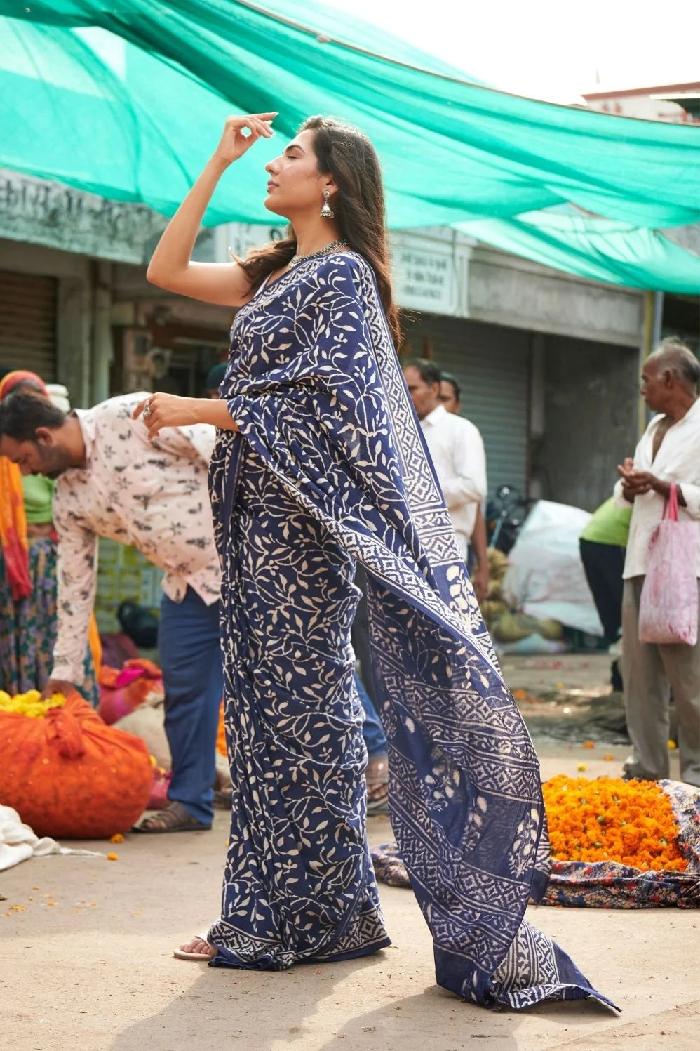 Blue mulmul cotton saree with hand block print and soft mulmul fabric.