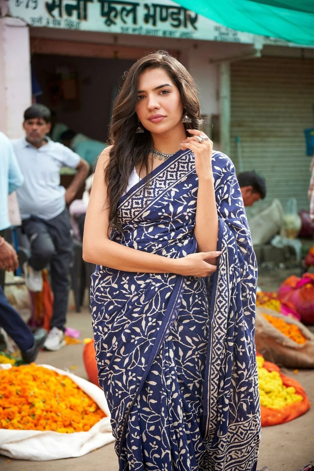 Blue mulmul cotton saree with hand block print and soft mulmul fabric.