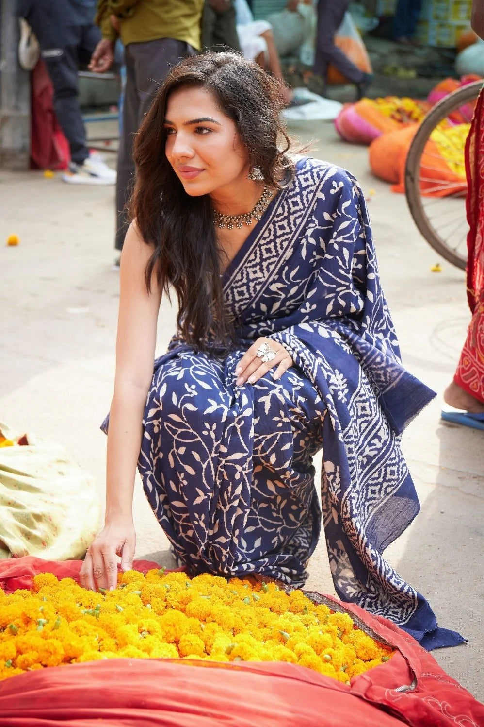 Blue mulmul cotton saree with hand block print and soft mulmul fabric.