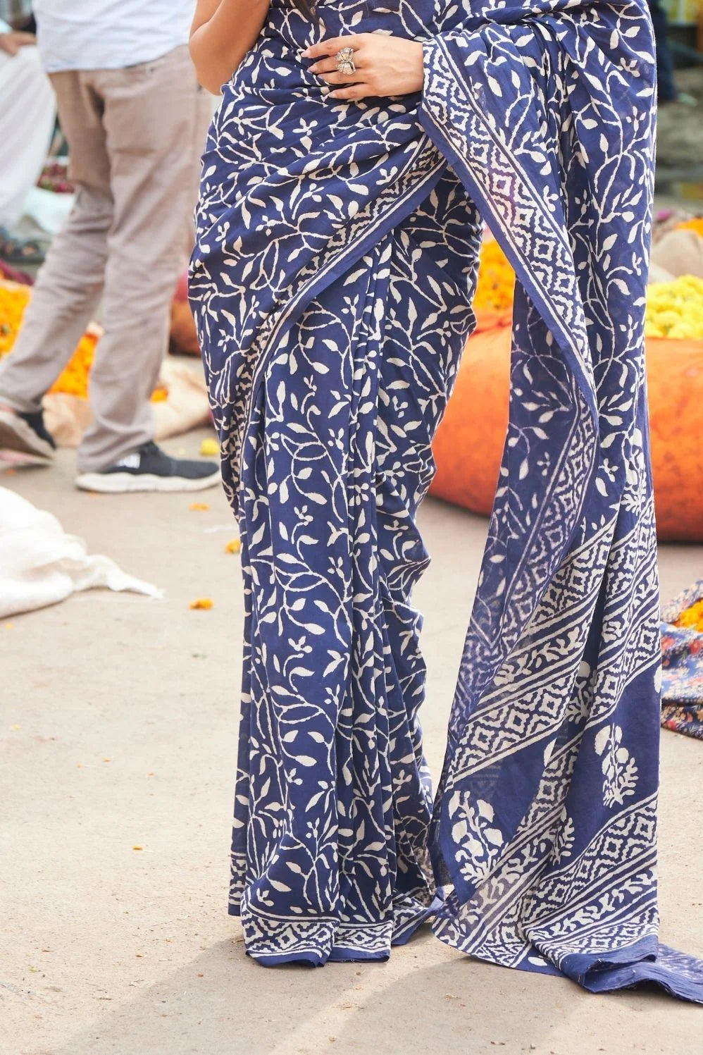 Blue mulmul cotton saree with hand block print and soft mulmul fabric.