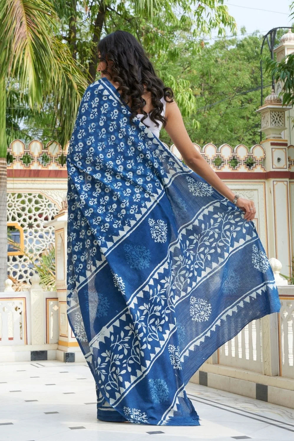Blue mulmul cotton saree with hand block print and soft mulmul fabric.