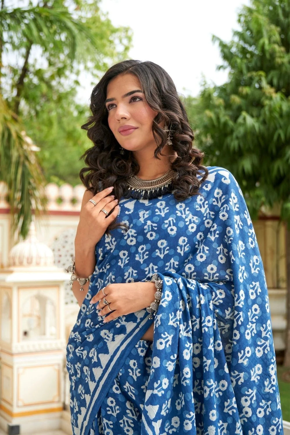 Blue mulmul cotton saree with hand block print and soft mulmul fabric.