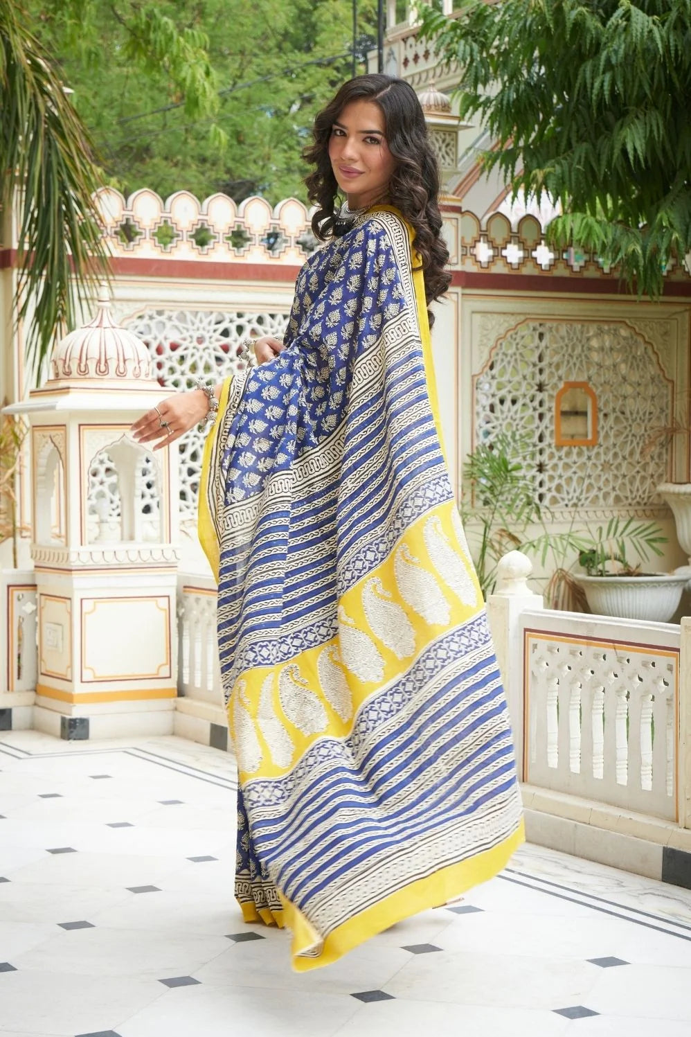 Blue and yellow hand block printed mulmul cotton saree.