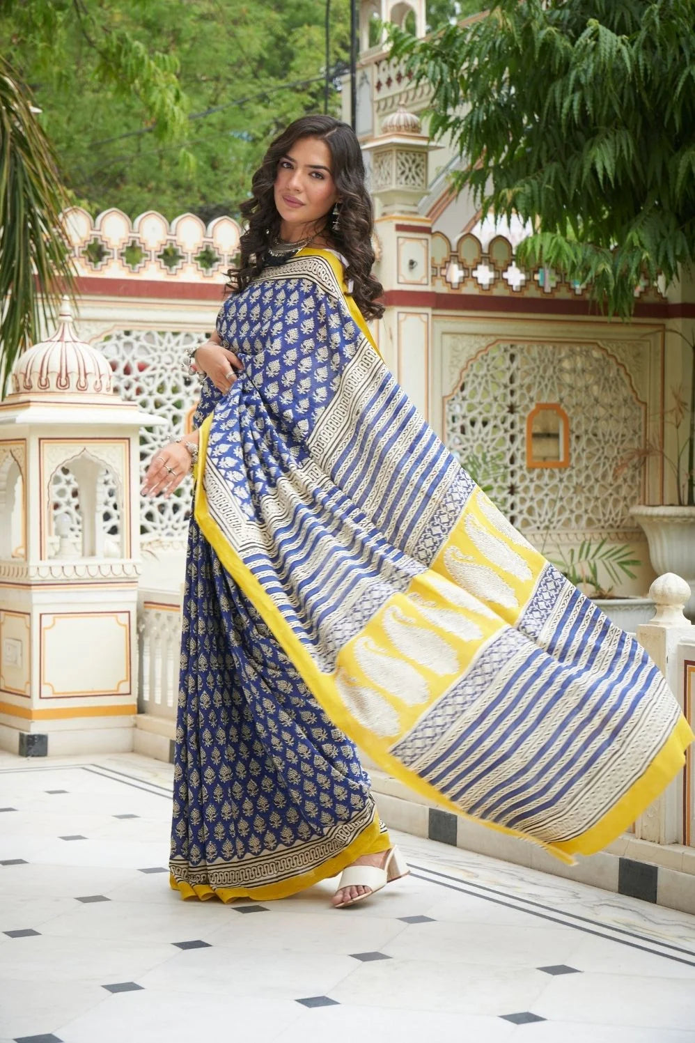 Blue and yellow hand block printed mulmul cotton saree.