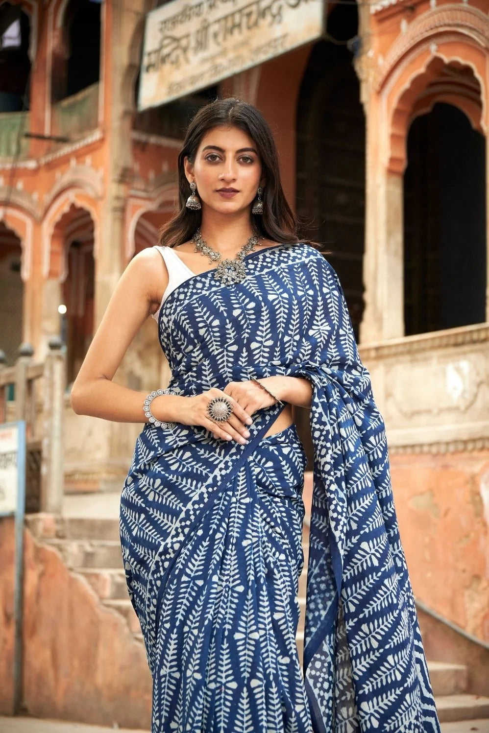 Blue mulmul cotton saree with hand block print and soft mulmul fabric.