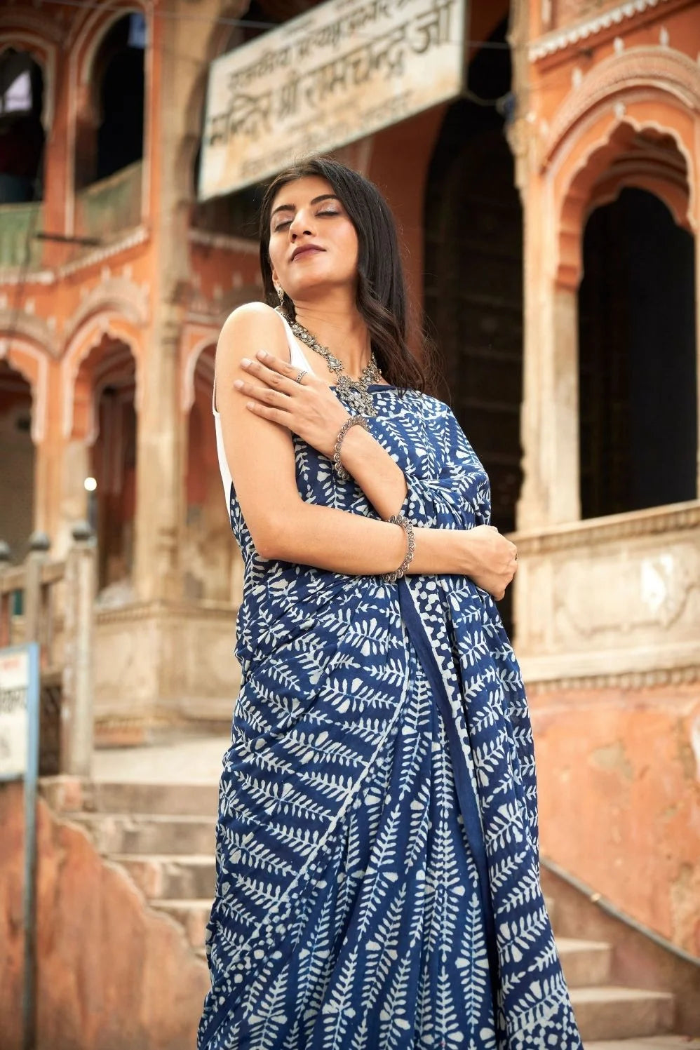 Blue mulmul cotton saree with hand block print and soft mulmul fabric.