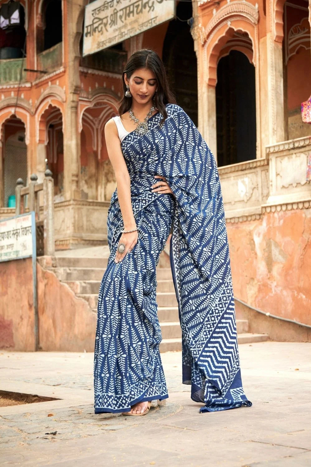 Blue mulmul cotton saree with hand block print and soft mulmul fabric.