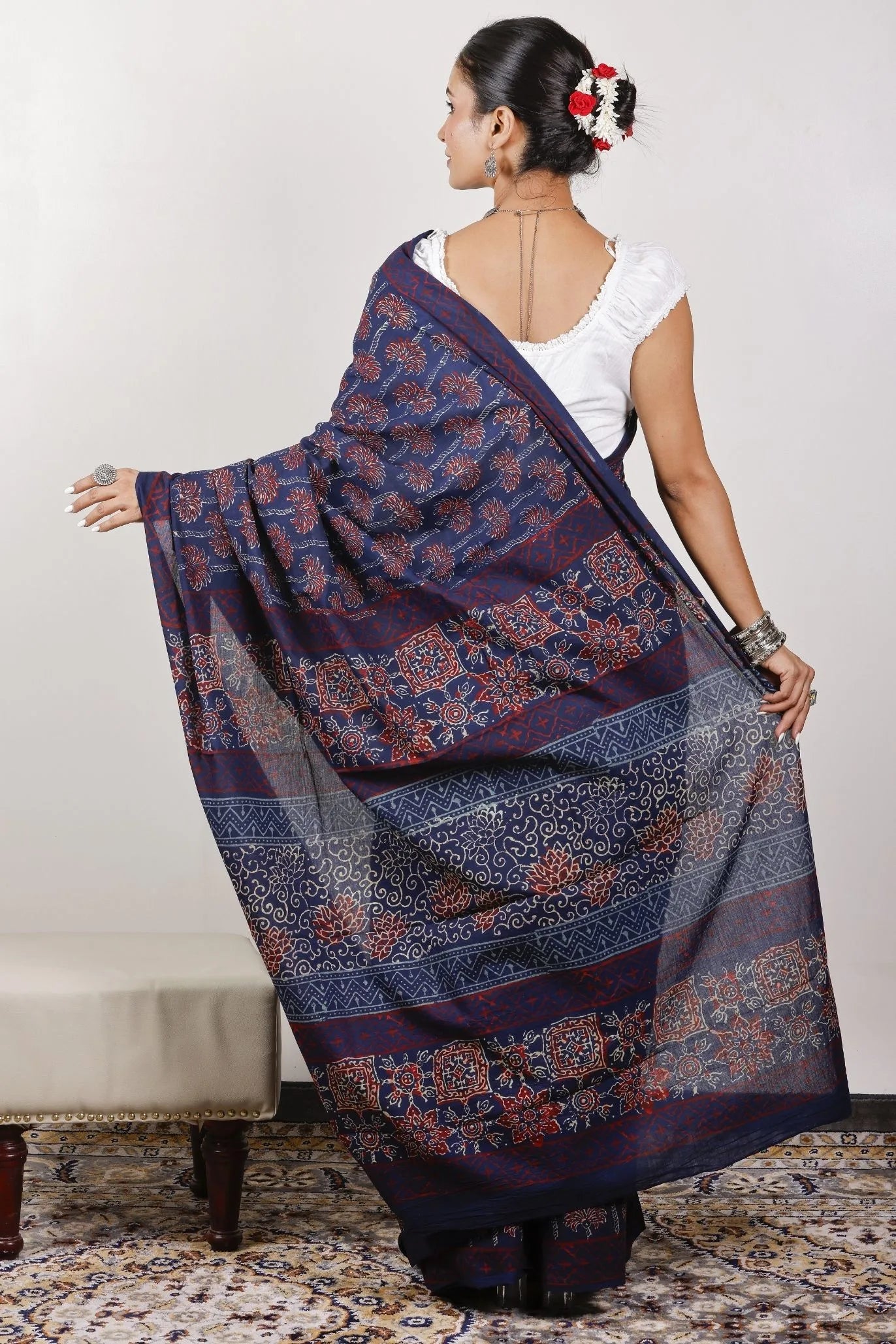 blue hand block print mulmul cotton saree floral design