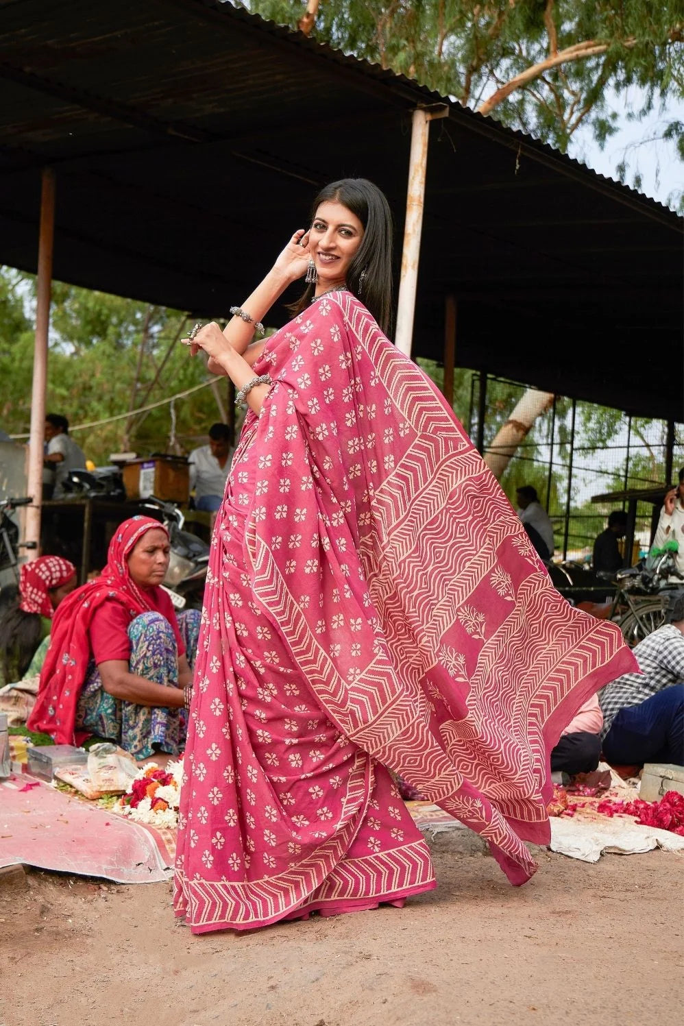 Pink Mulmul cotton saree with beautiful handcrafted prints.