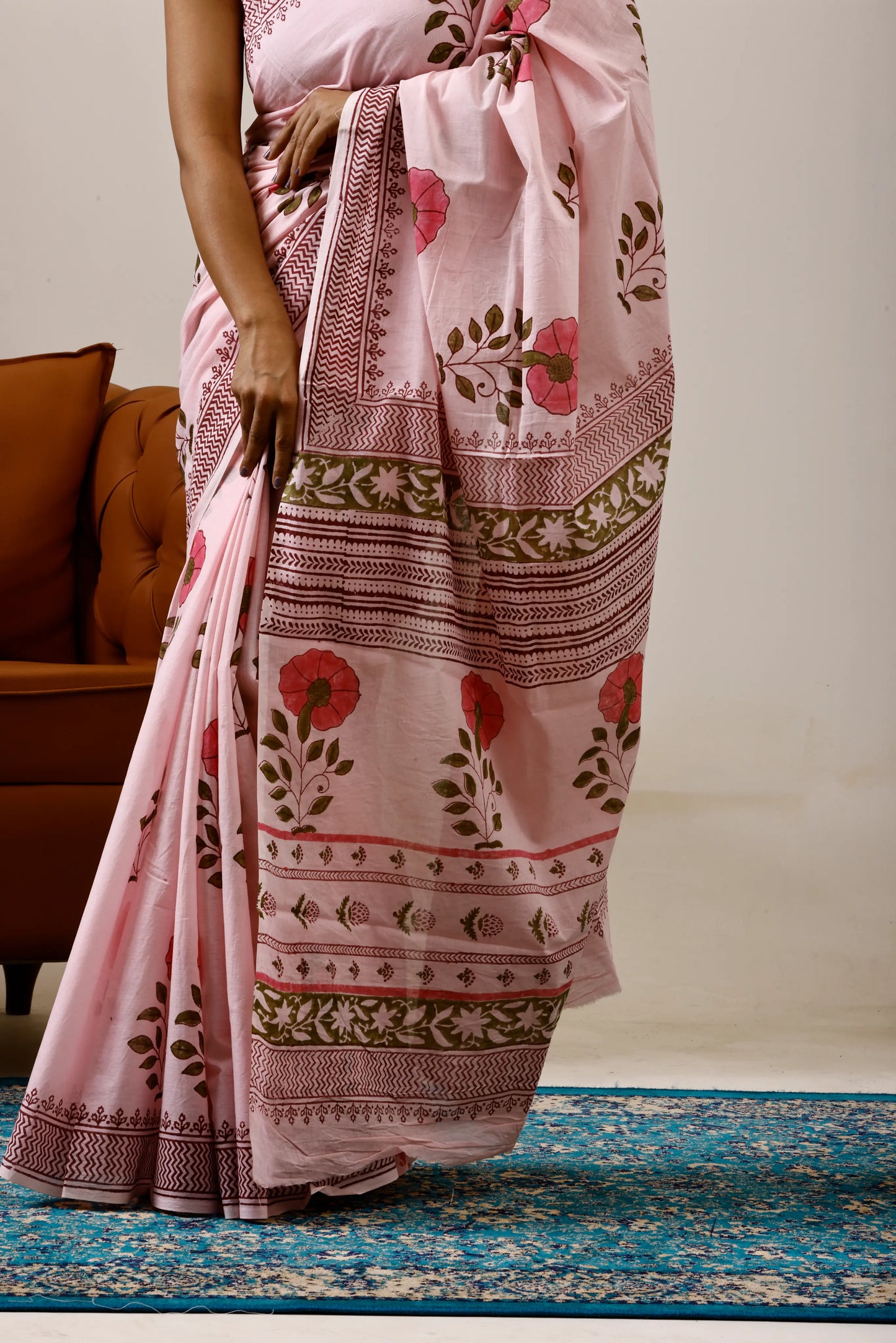Baby Pink Floral Mulmul Cotton Saree Hand Block Printed