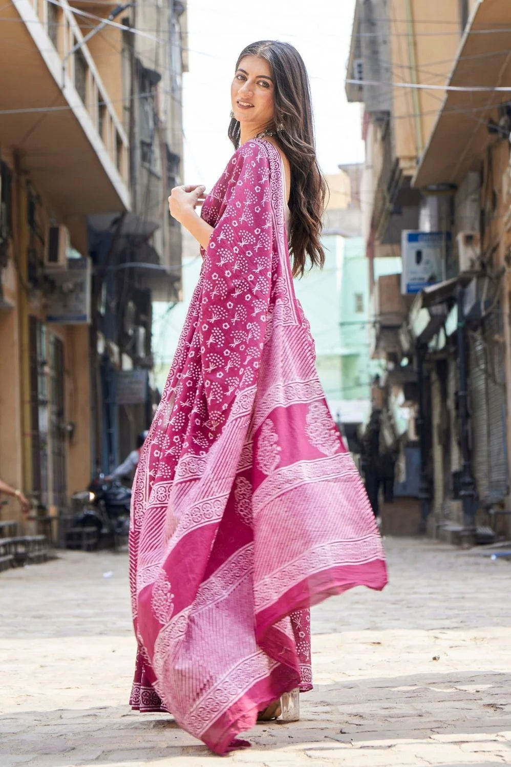 Purple mulmul cotton saree with traditional Indian block prints, handcrafted on soft mulmul cotton