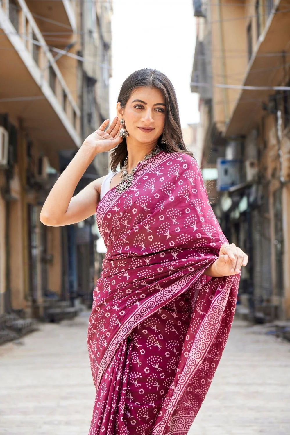 Purple mulmul cotton saree with traditional Indian block prints, handcrafted on soft mulmul cotton