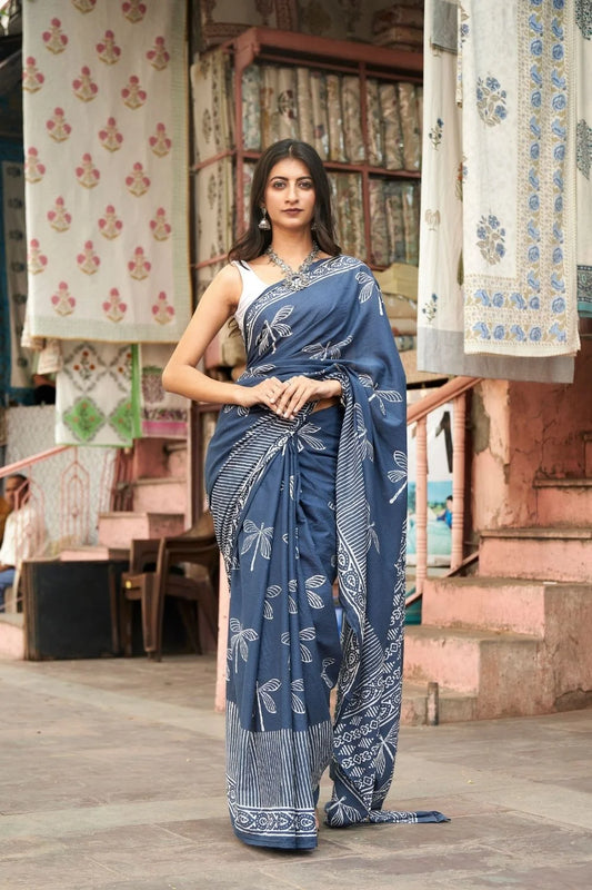 Teal cotton saree with exquisite block print patterns.