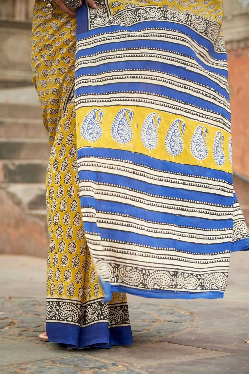 Yellow and blue cotton saree Pallu