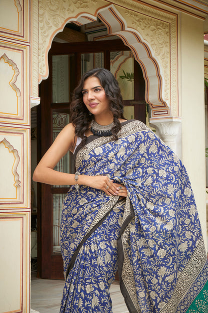 Azure Aura | Mulmul Cotton Saree | Hand Block Print Saree