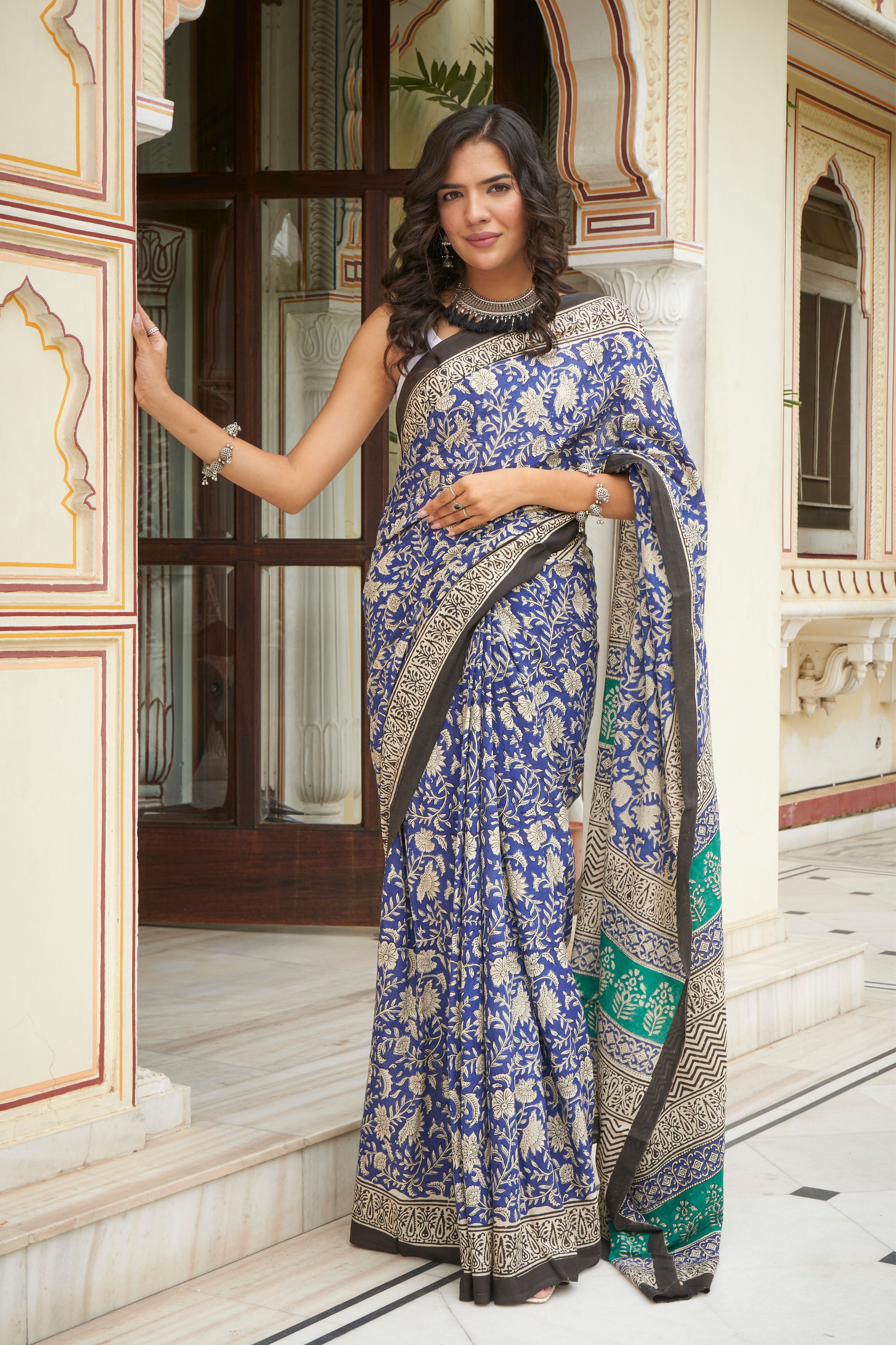 Blue blockprint mulmul cotton store saree