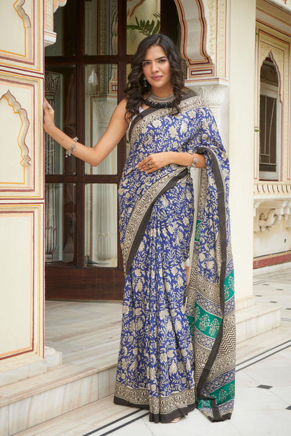 Azure Aura | Mulmul Cotton Saree | Hand Block Print Saree