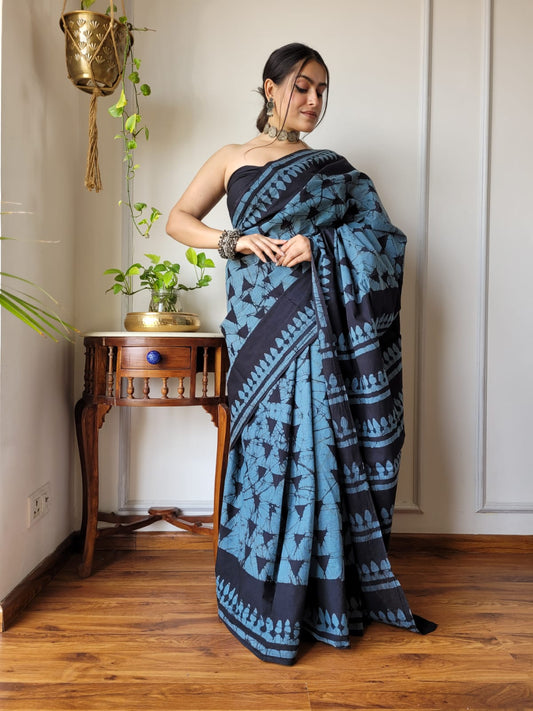 Black-Blue Cotton Saree | Raven Radiance | Hand Block Print