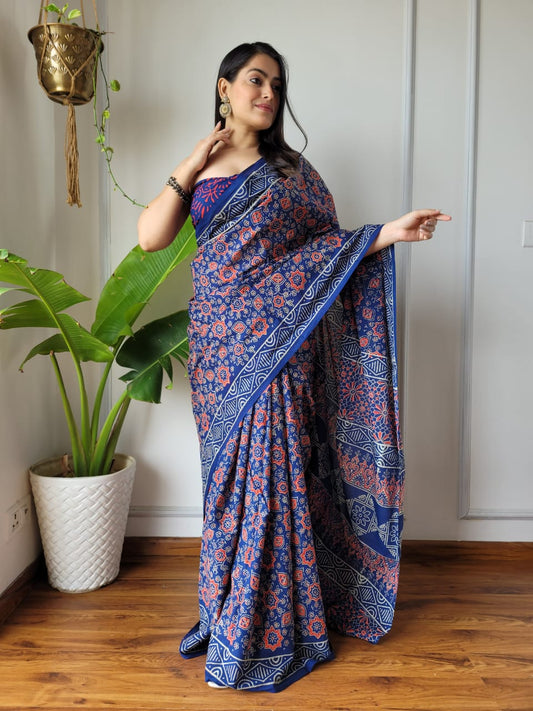 Blue Cotton Saree | Sapphire Breeze | Hand Block Print