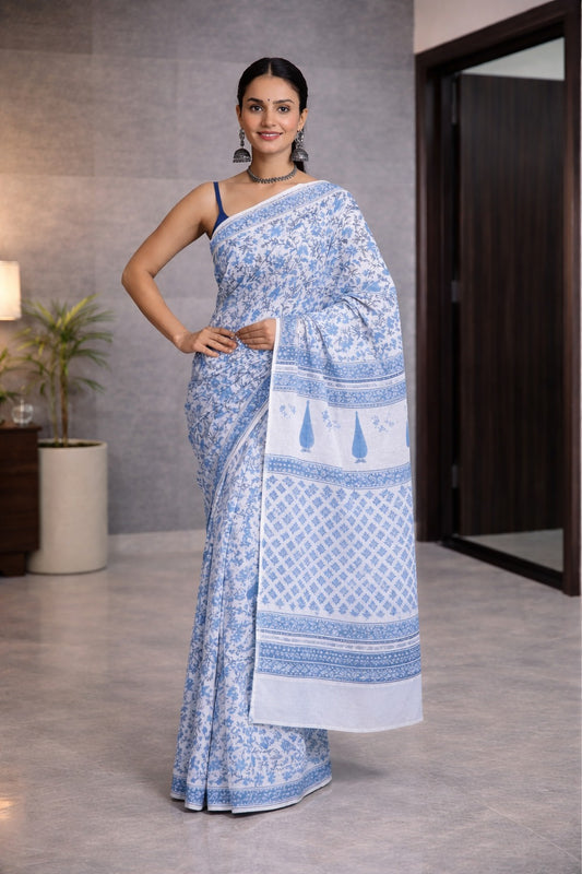 Neel-Sindoori | Blue Pure Mulmul Cotton Saree