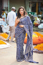 Blue mulmul cotton saree with hand block print and soft mulmul fabric.