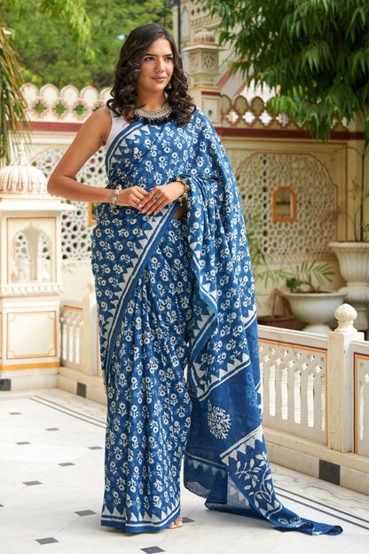 Blue mulmul cotton saree with hand block print and soft mulmul fabric.