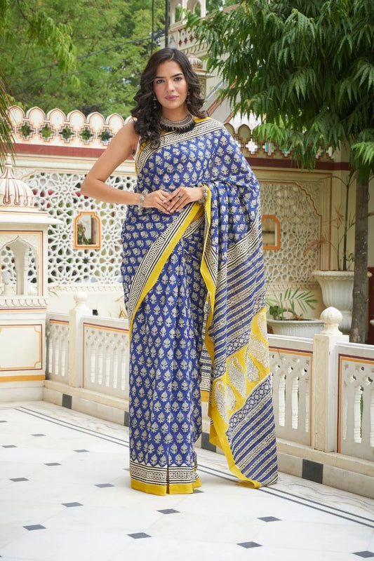 Blue and yellow hand block printed mulmul cotton saree.