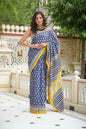 Blue and yellow hand block printed mulmul cotton saree.