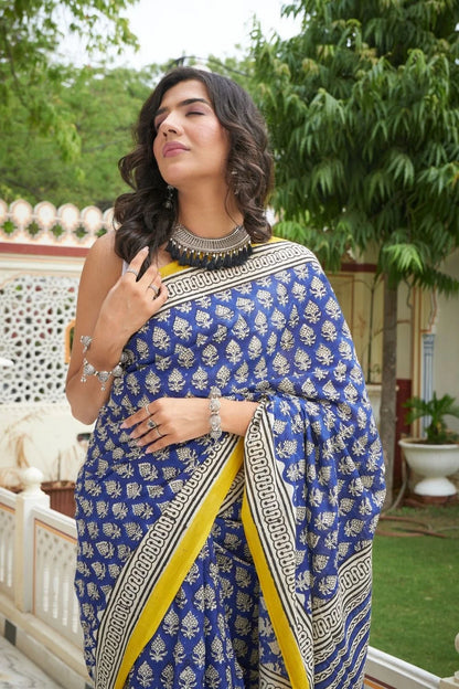 Blue and yellow hand block printed mulmul cotton saree.