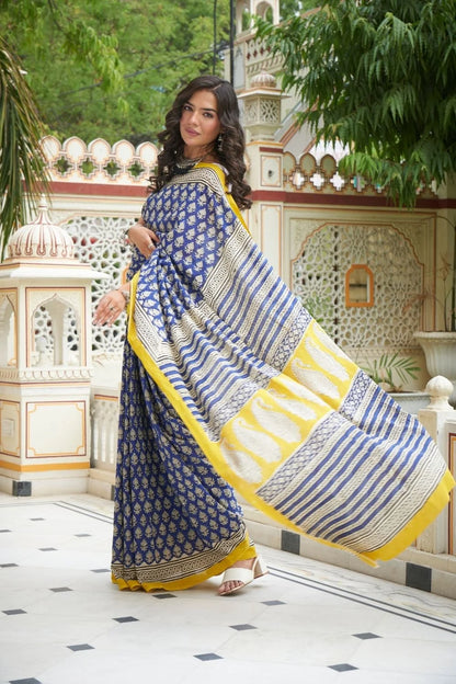 Blue and yellow hand block printed mulmul cotton saree.