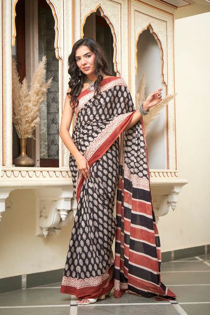 Bohemian Bliss| Mulmul Cotton Saree | Hand Block Print Saree