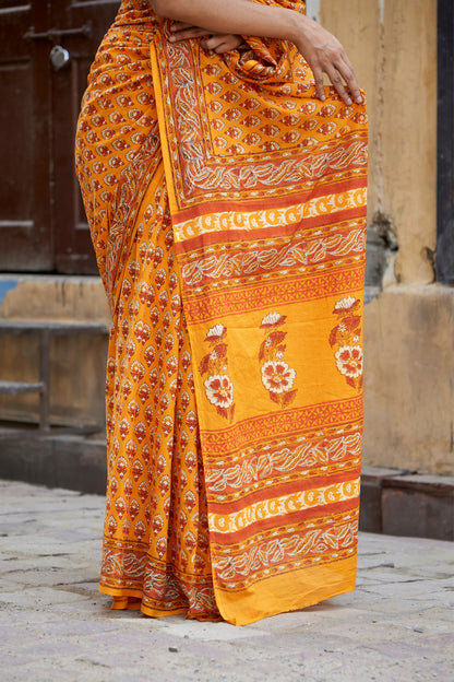 Chromatic Charm | Mulmul Cotton Saree | Hand Block Print Saree