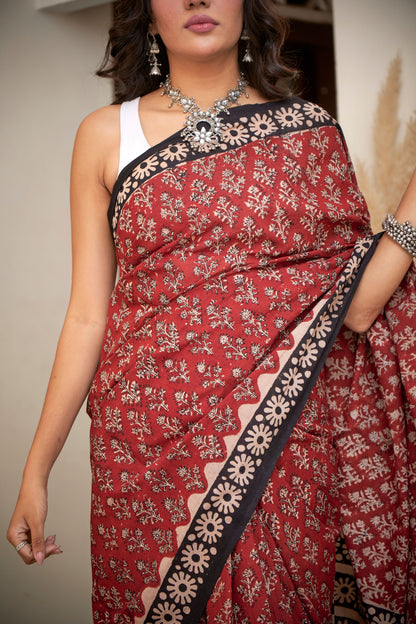 Crimson Charm | Mulmul Cotton Saree | Hand Block Print Saree