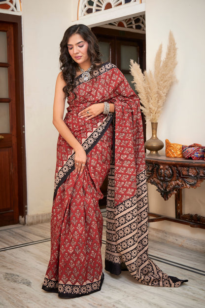 Crimson Charm | Mulmul Cotton Saree | Hand Block Print Saree