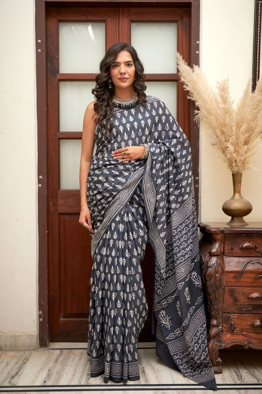 Deep blue mulmul cotton saree with elegant block print.