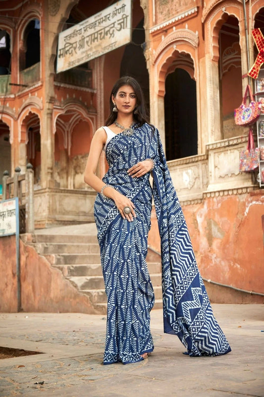 Blue mulmul cotton saree with hand block print and soft mulmul fabric.
