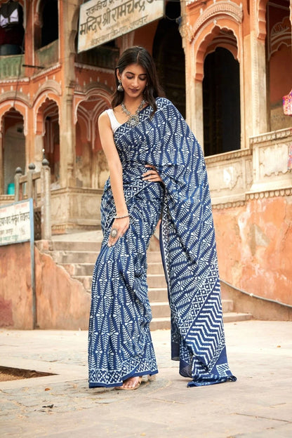 Blue mulmul cotton saree with hand block print and soft mulmul fabric.