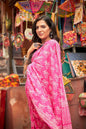 Pink cotton saree with beautiful handcrafted prints.