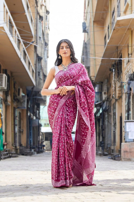 Purple mulmul cotton saree with traditional Indian block prints, handcrafted on soft mulmul cotton