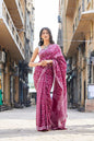 Purple mulmul cotton saree with traditional Indian block prints, handcrafted on soft mulmul cotton