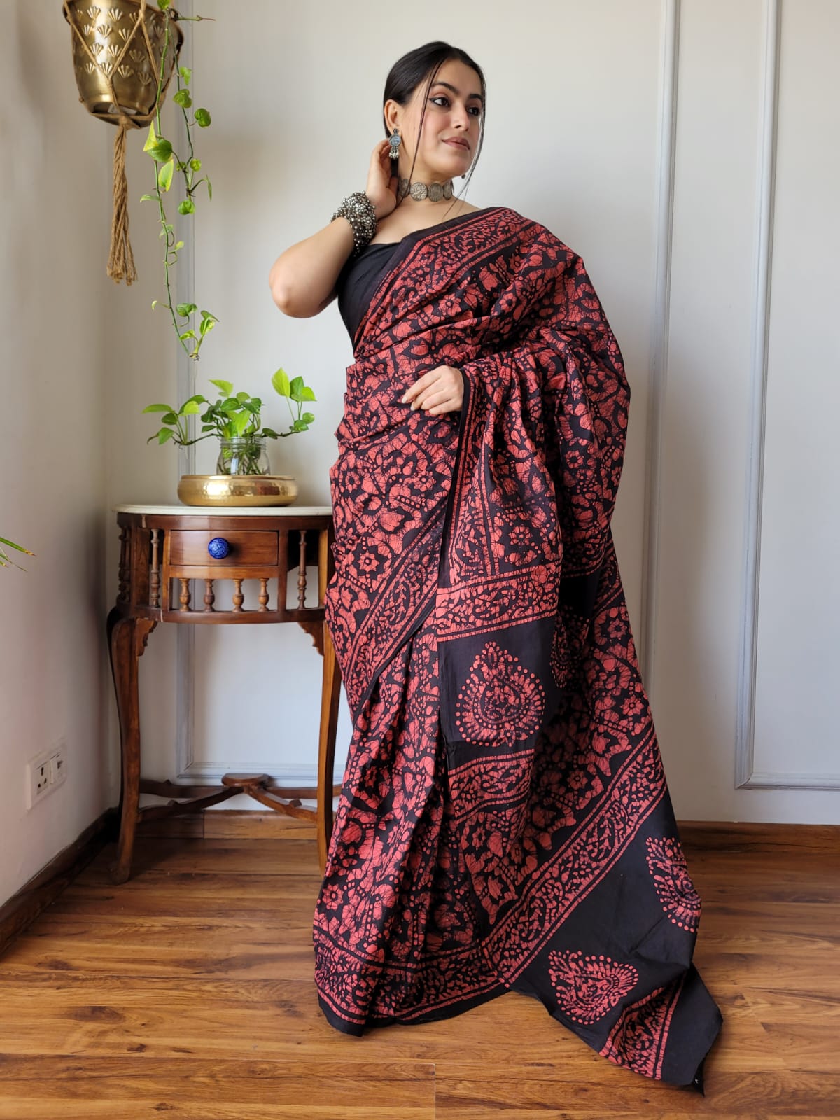 Red Black Cotton Saree | Ebony Elegance | Hand Block Print