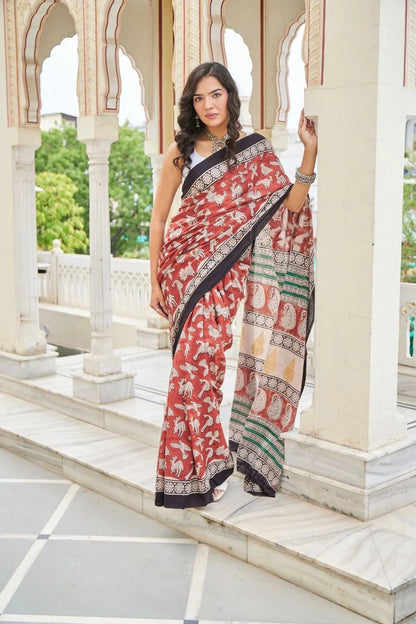 Elegance red mulmul cotton saree in animal motifs