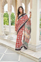 Elegance red mulmul cotton saree in animal motifs