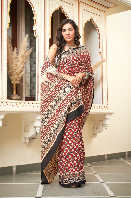 Royal Rouge | Mulmul Cotton Saree | Hand Block Print Saree