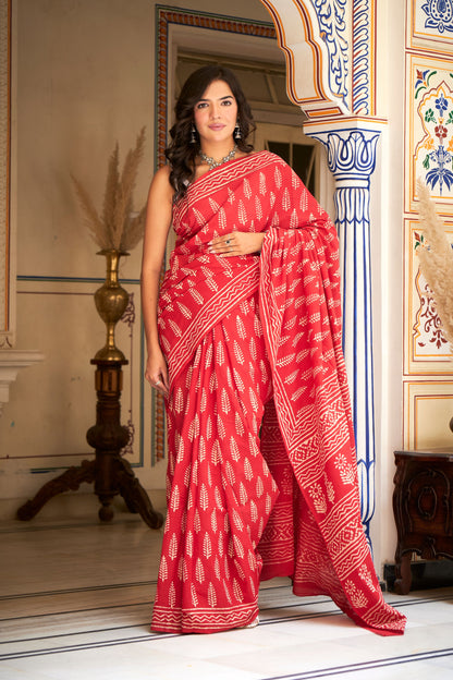 Ruby Radiance | Mulmul Cotton Saree | Hand Block Print Saree