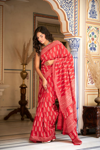 Ruby Radiance | Mulmul Cotton Saree | Hand Block Print Saree