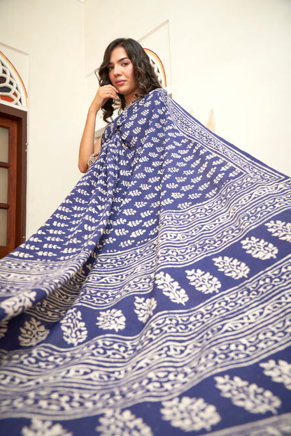 Teal Tranquil | Mulmul Cotton Saree | Hand Block Print Saree